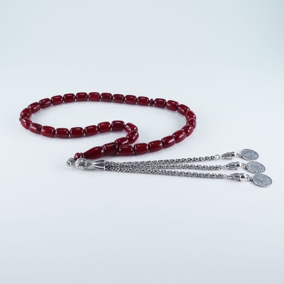 Dik Hareli Kırmızı Sıkma Kehribar (Gümüş Püskül)