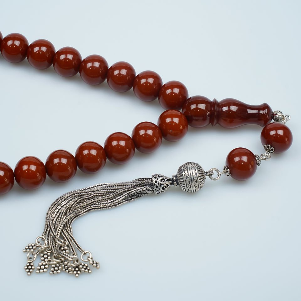 Gümüş Püsküllü Sıkma Kehribar Tesbih