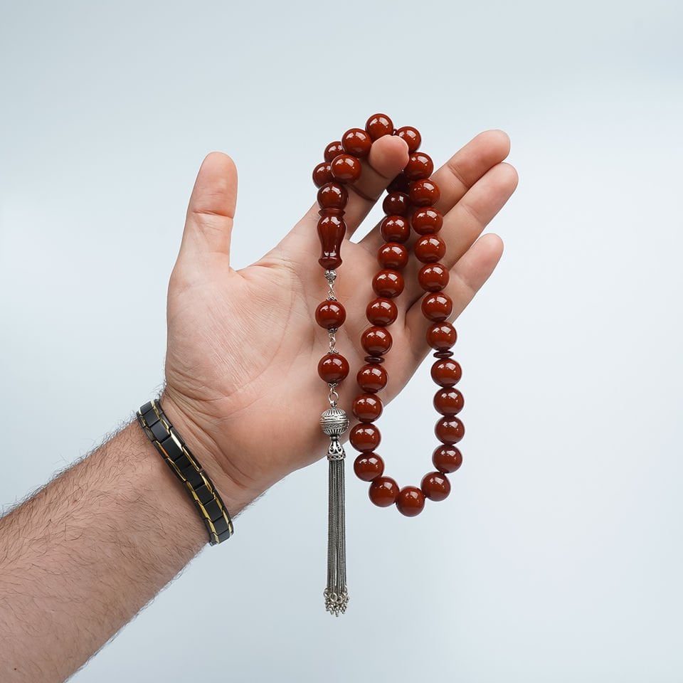 Gümüş Püsküllü Sıkma Kehribar Tesbih