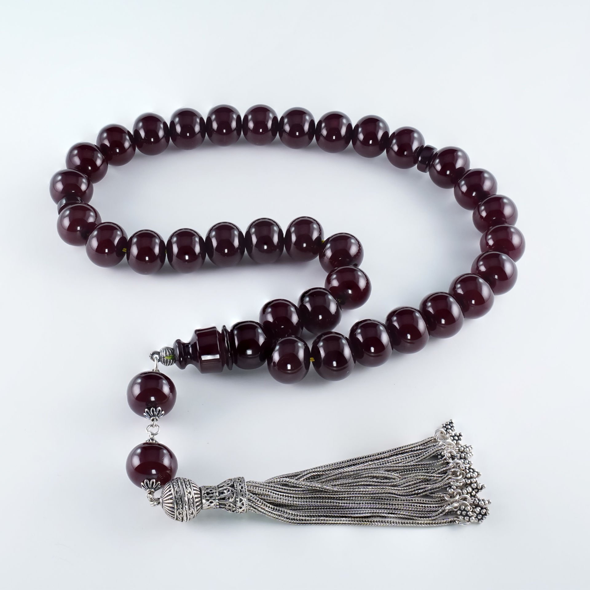 Ağır Gümüş Püsküllü 5 Yıl Dinlendirilmiş Sıkma Kehribar Tesbih