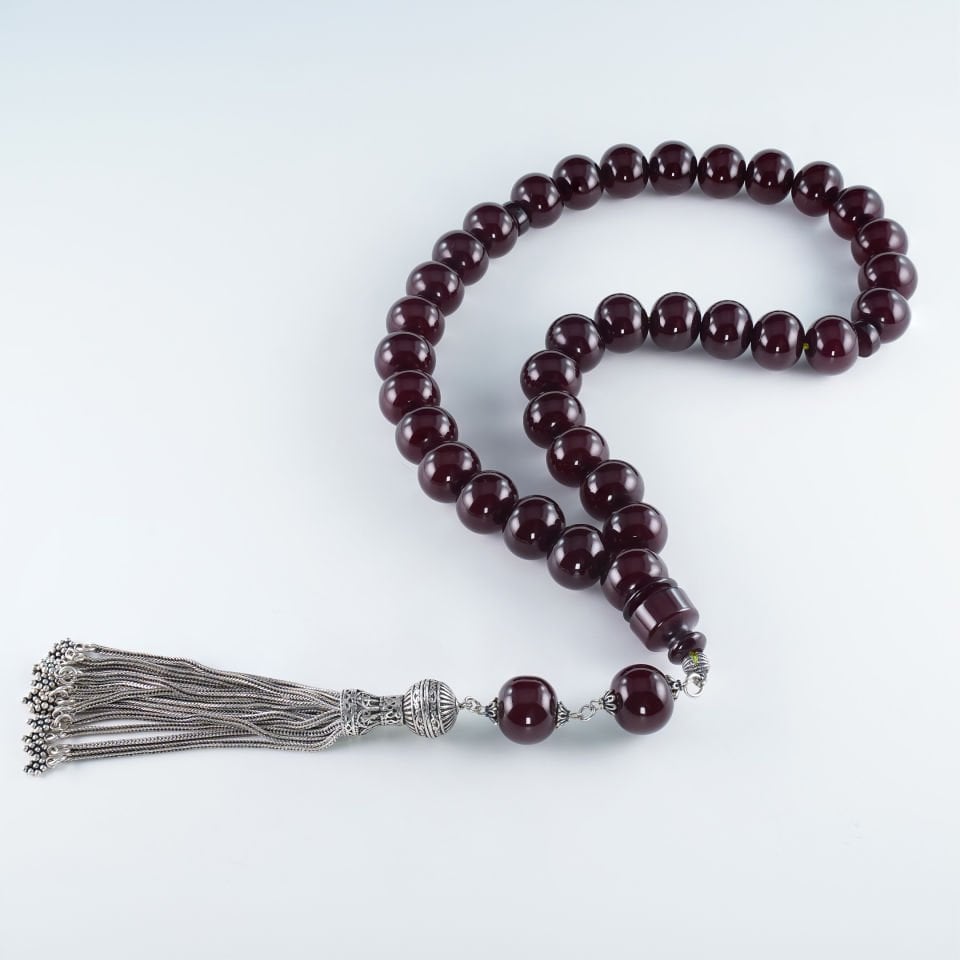 Ağır Gümüş Püsküllü 5 Yıl Dinlendirilmiş Sıkma Kehribar Tesbih