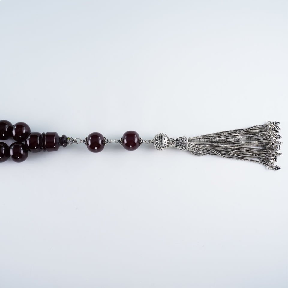 Ağır Gümüş Püsküllü 5 Yıl Dinlendirilmiş Sıkma Kehribar Tesbih