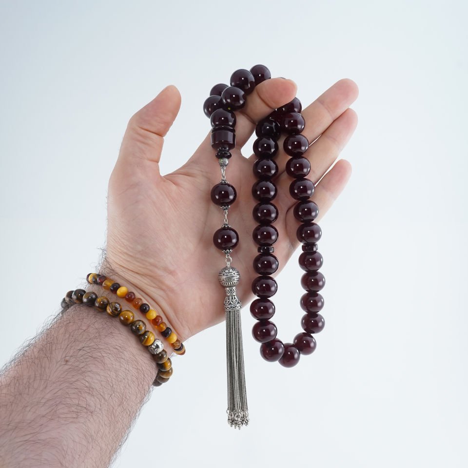 Ağır Gümüş Püsküllü 5 Yıl Dinlendirilmiş Sıkma Kehribar Tesbih