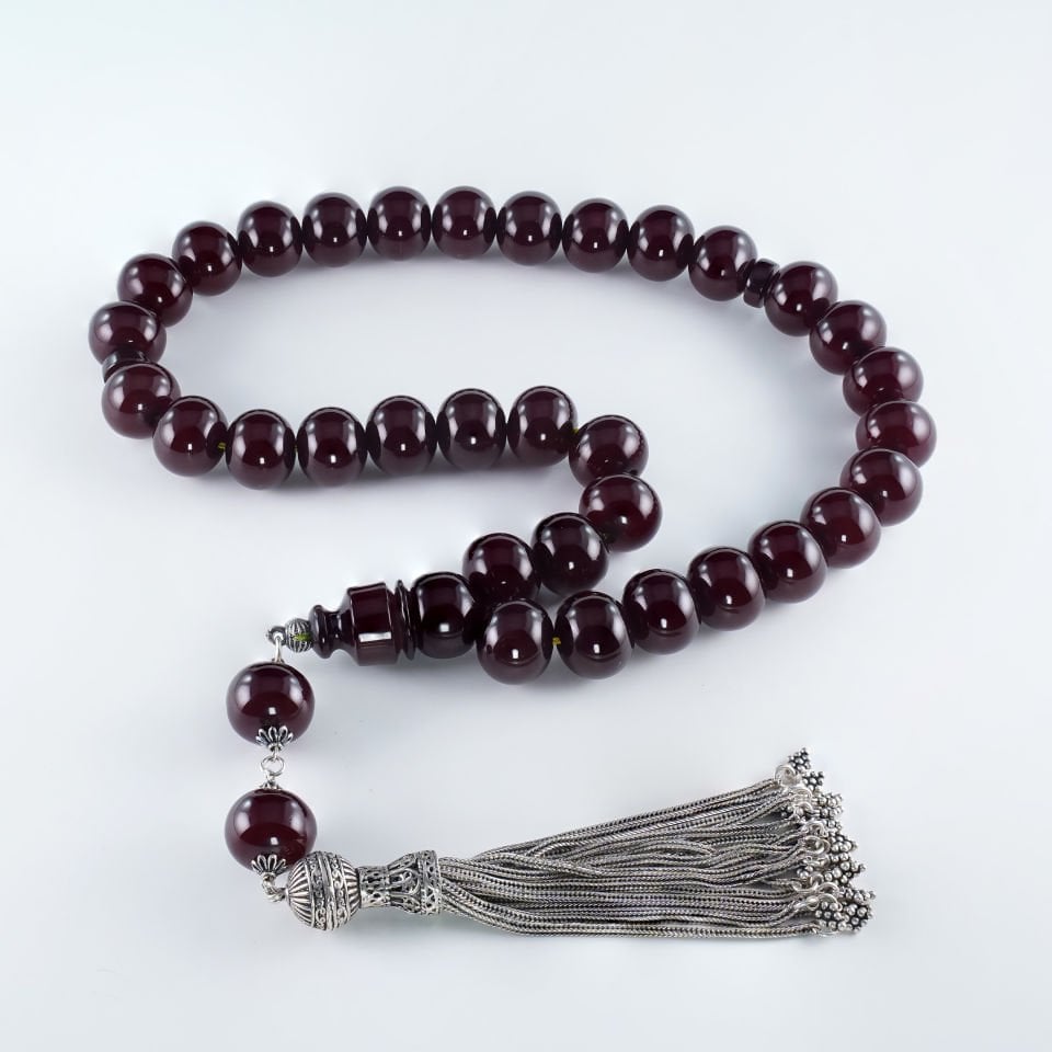 Ağır Gümüş Püsküllü 5 Yıl Dinlendirilmiş Sıkma Kehribar Tesbih