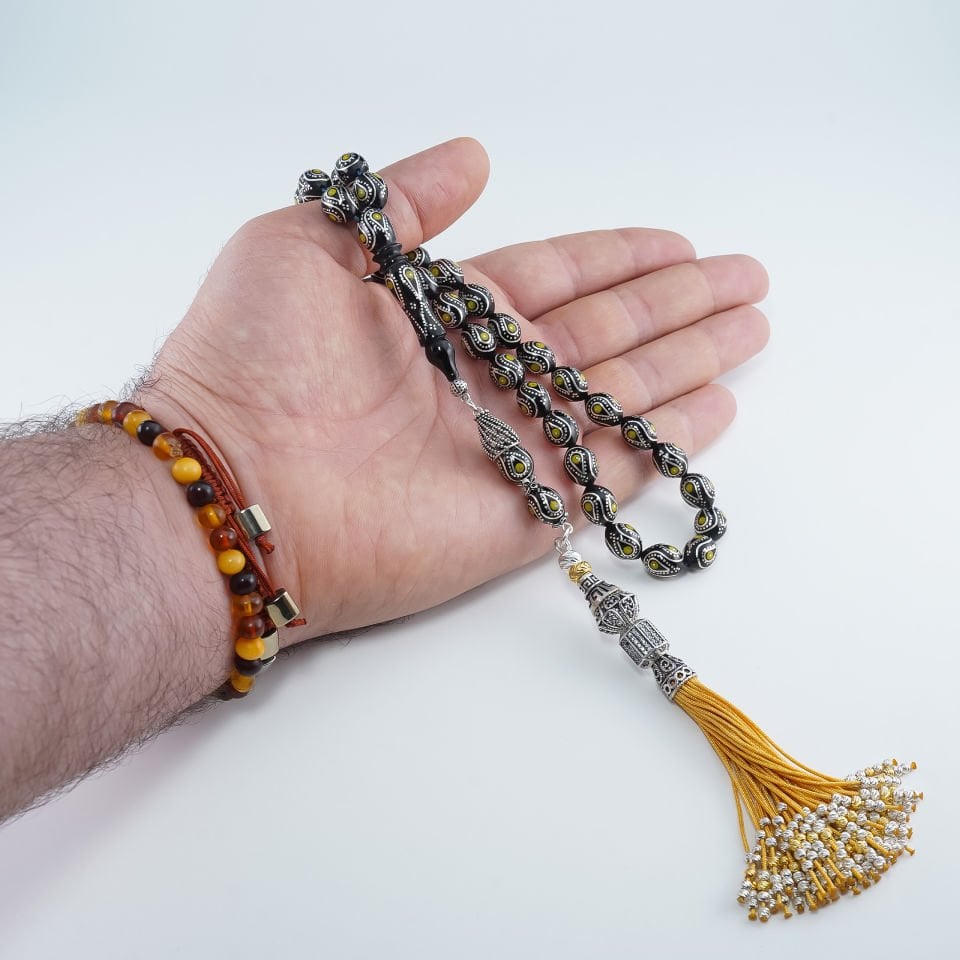 El İşçilikli Gümüş İşlemeli Özel Püsküllü Erzurum Oltu Tesbih