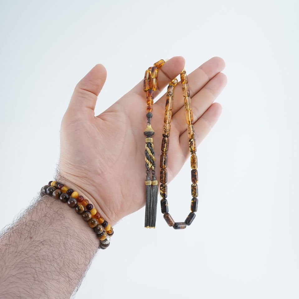 Full Baltık ve Fosilli Orijinal Litvanya Damla Kehribar Tesbih