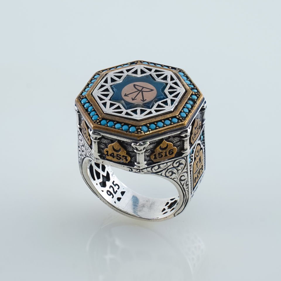 Gümüş Yüzük | Osmanlı Selçuklu Motifli Turkuaz Taşlı
