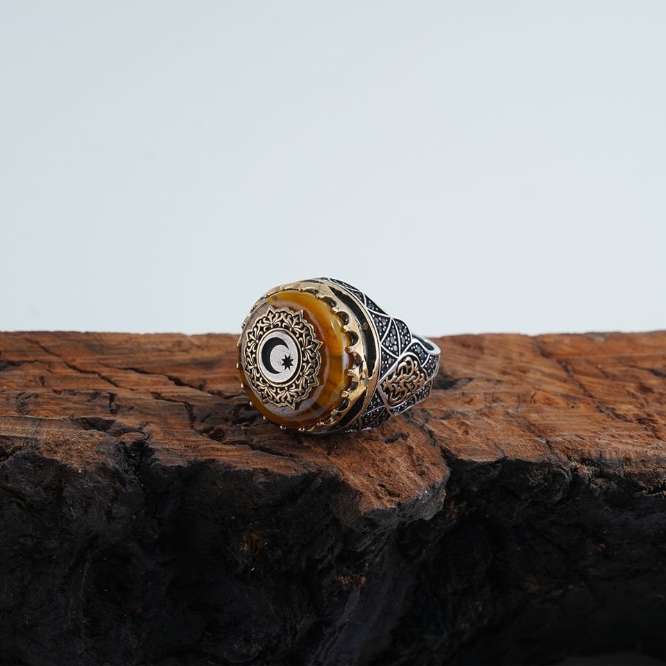 Ayyıldız Tasarım 925 Ayar Kehribar Gümüş Hilafet Yüzük