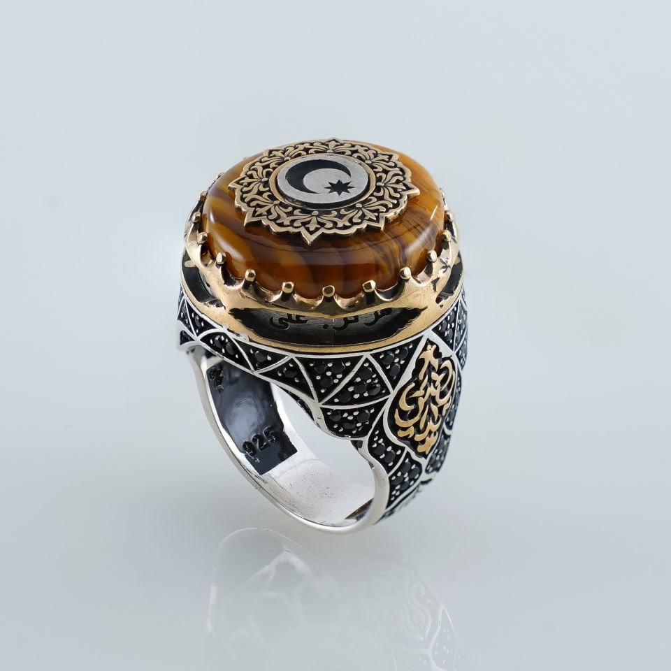 Ayyıldız Tasarım 925 Ayar Kehribar Gümüş Hilafet Yüzük