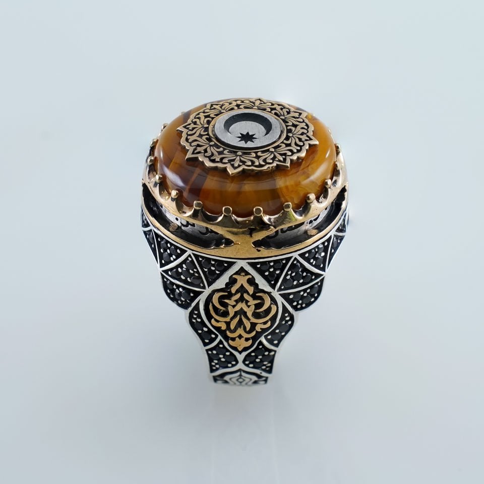 Ayyıldız Tasarım 925 Ayar Kehribar Gümüş Hilafet Yüzük