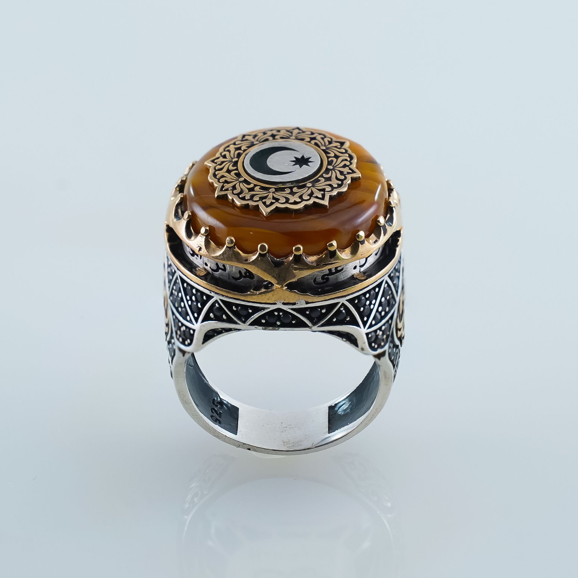 Ayyıldız Tasarım 925 Ayar Kehribar Gümüş Hilafet Yüzük