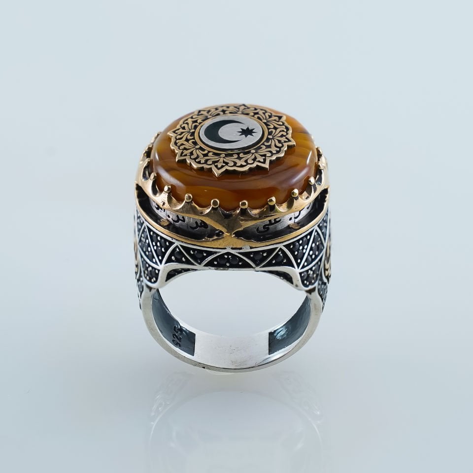Ayyıldız Tasarım 925 Ayar Kehribar Gümüş Hilafet Yüzük