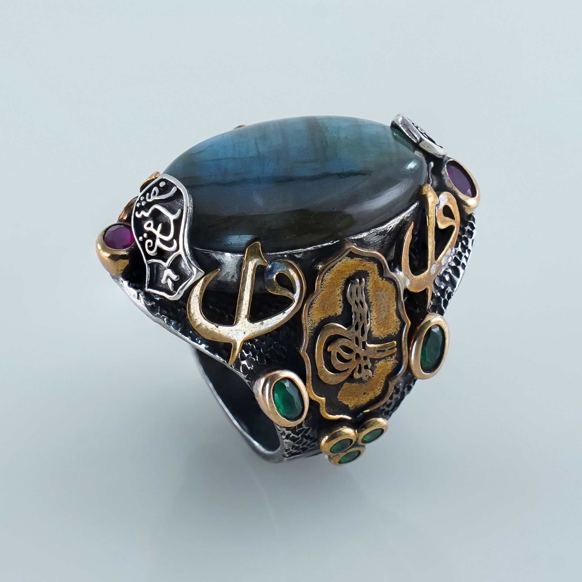 Labradorit Taşlı Osmanlı Tuğra İşlemeli 925 Ayar Gümüş Yüzük