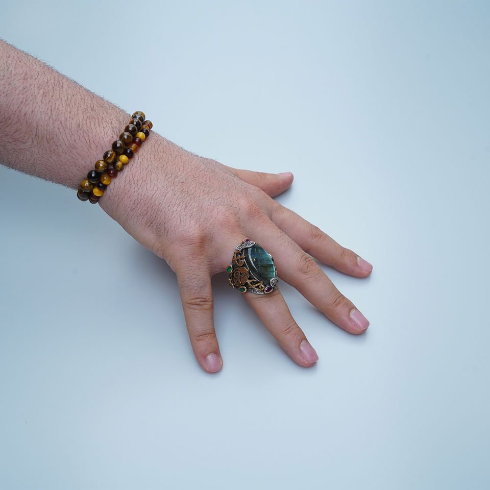 Labradorit Taşlı Osmanlı Tuğra İşlemeli 925 Ayar Gümüş Yüzük