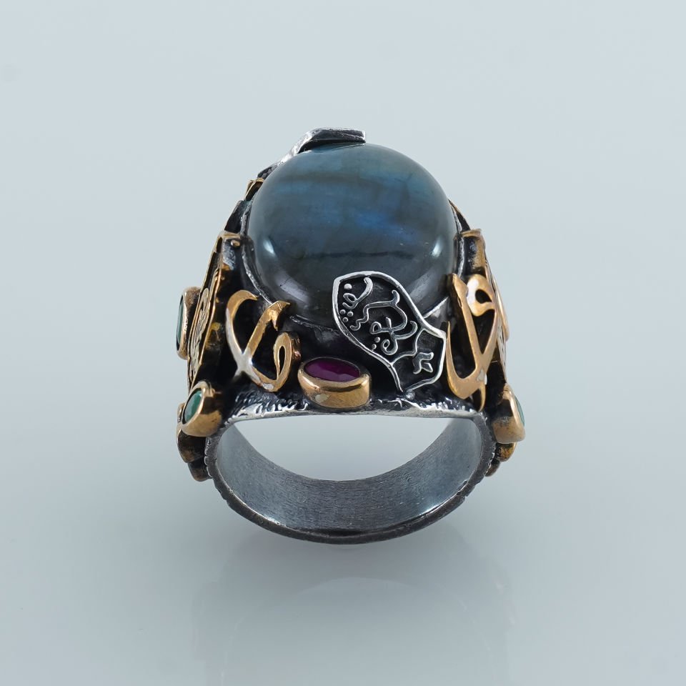Labradorit Taşlı Osmanlı Tuğra İşlemeli 925 Ayar Gümüş Yüzük