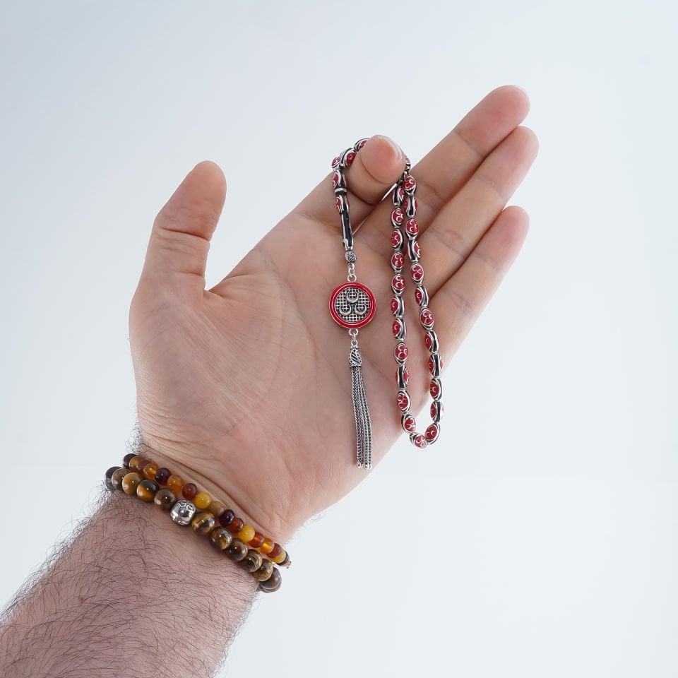 Üç Hilal İşlemeli 925 Ayar Gümüş Tesbih