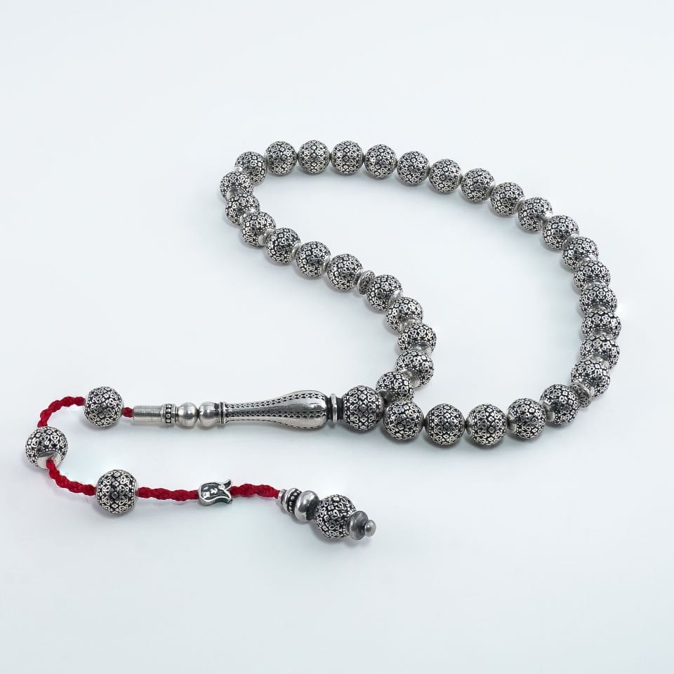 925 Ayar Gravür İşlemeli Gümüş Tesbih (Hicaz Model)