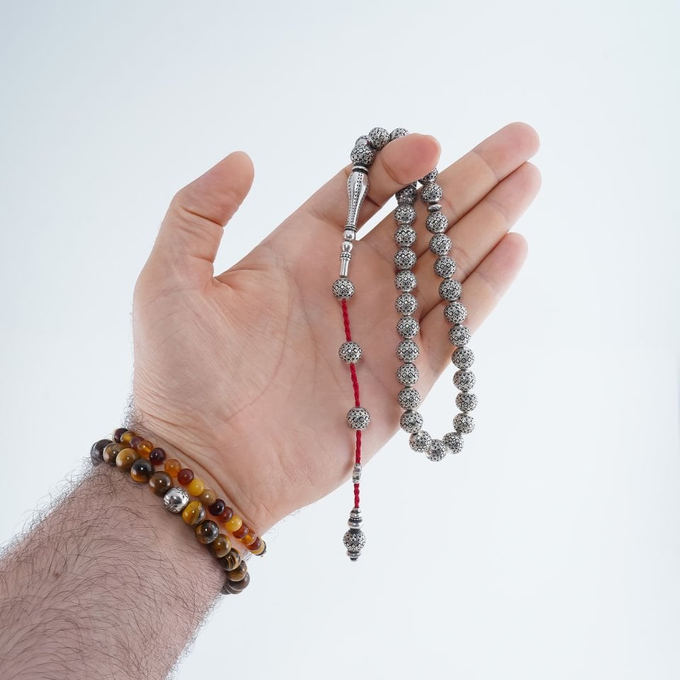925 Ayar Gravür İşlemeli Gümüş Tesbih (Hicaz Model)