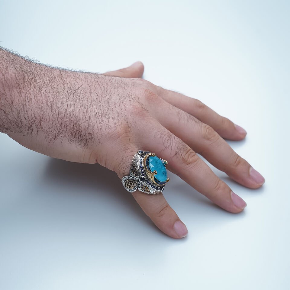 Büyük Turkuaz Taşlı Usta İşcilikli 925 Ayar Erkek Gümüş Yüzük