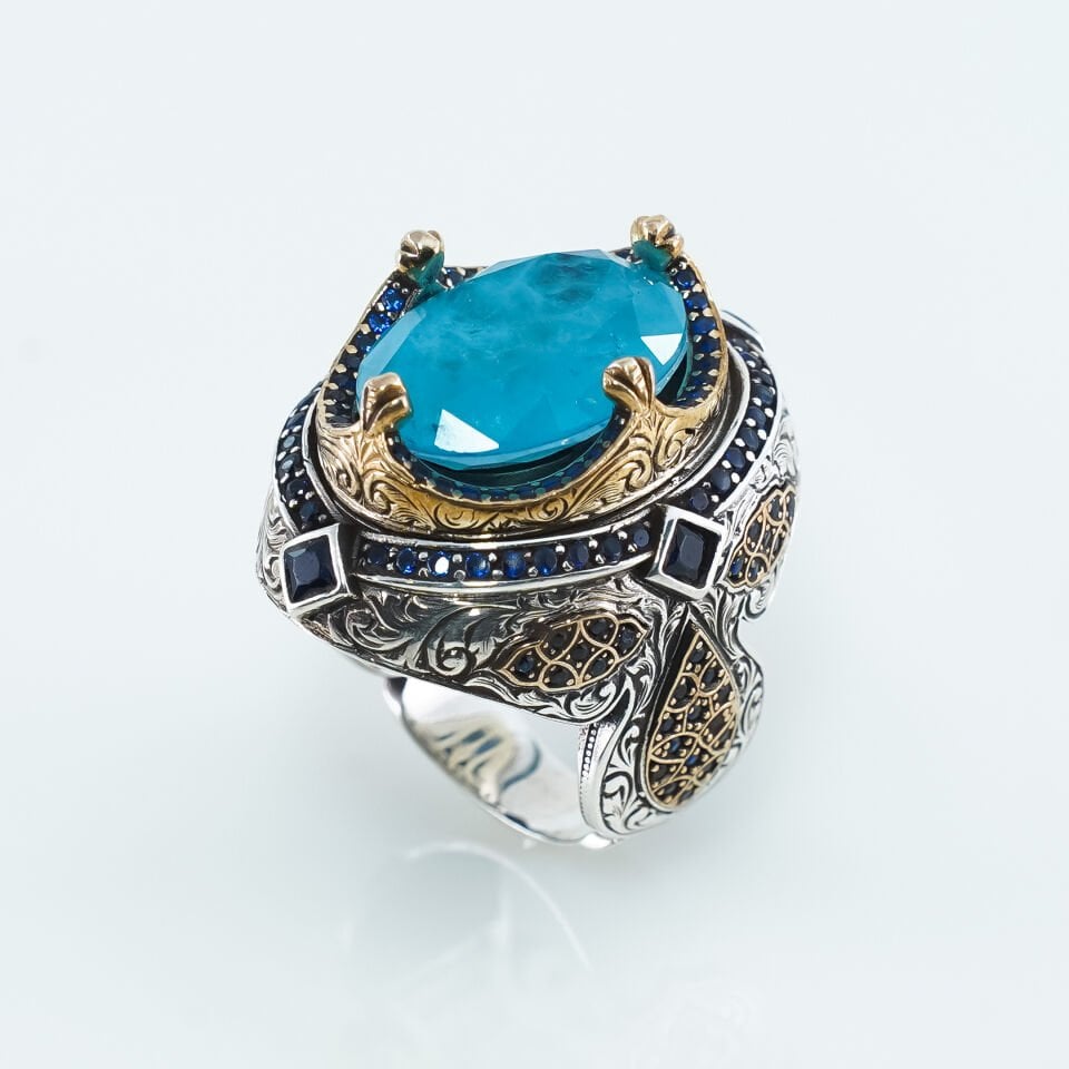 Büyük Turkuaz Taşlı Usta İşcilikli 925 Ayar Erkek Gümüş Yüzük