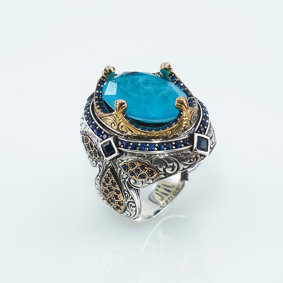 Büyük Turkuaz Taşlı Usta İşcilikli 925 Ayar Erkek Gümüş Yüzük