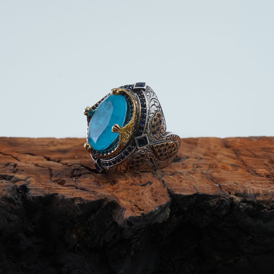 Büyük Turkuaz Taşlı Usta İşcilikli 925 Ayar Erkek Gümüş Yüzük
