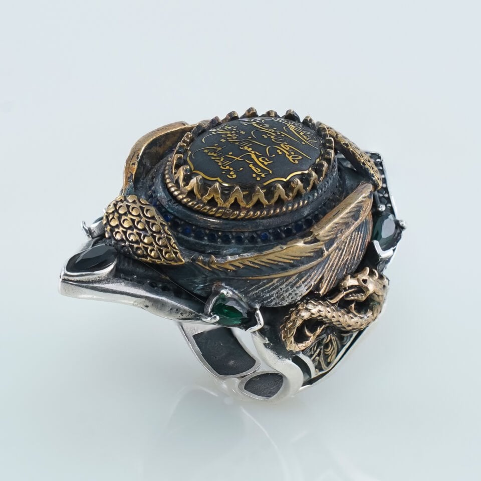 Hat Sanatlı Ejderha Motifli 925 Ayar Gümüş Erkek Yüzük