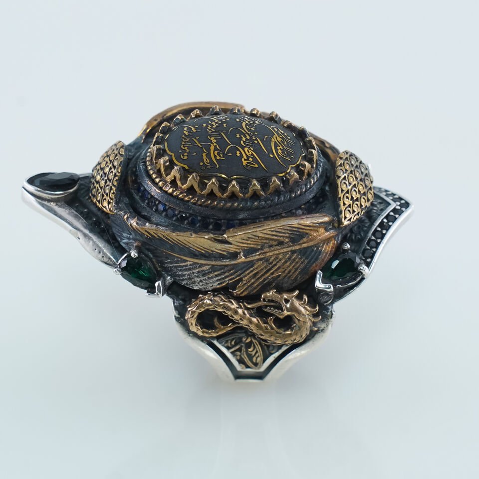 Hat Sanatlı Ejderha Motifli 925 Ayar Gümüş Erkek Yüzük