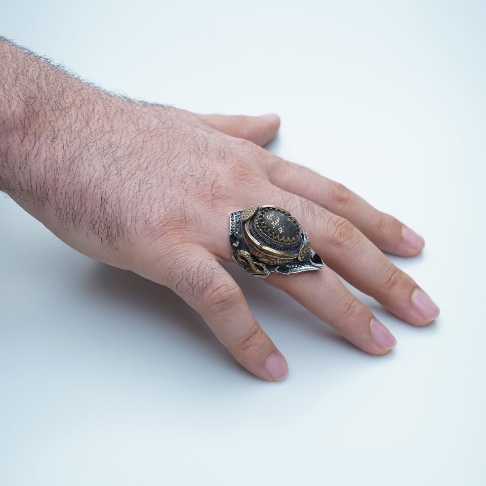 Hat Sanatlı Ejderha Motifli 925 Ayar Gümüş Erkek Yüzük