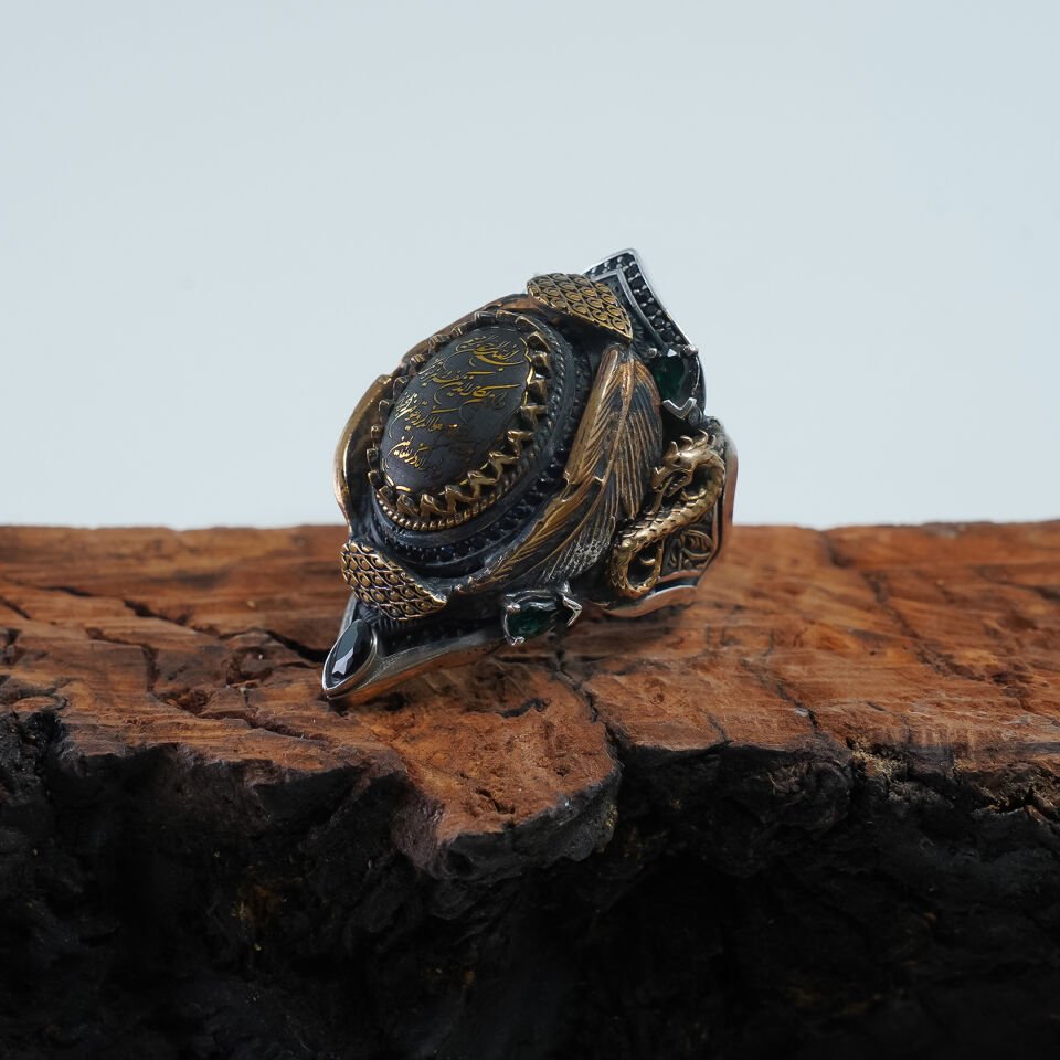 Hat Sanatlı Ejderha Motifli 925 Ayar Gümüş Erkek Yüzük