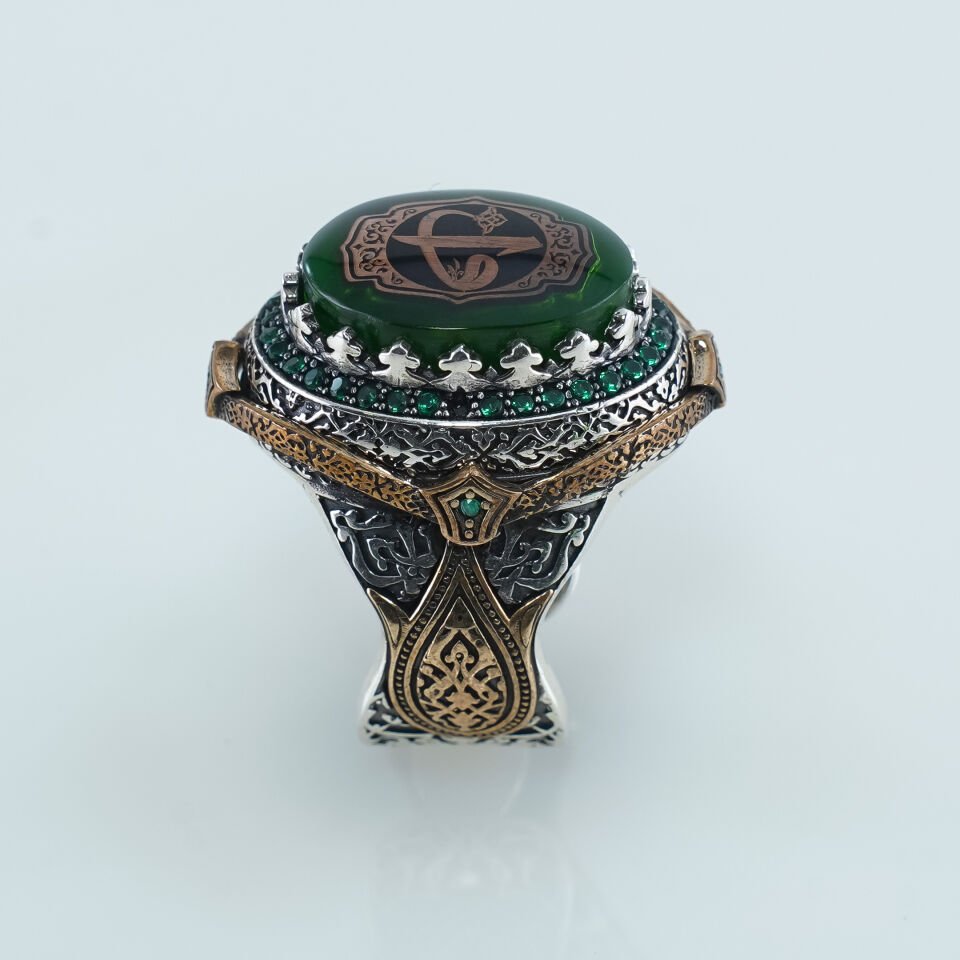 Özel Tasarım Yeşil Akik Taşlı 925 Ayar Gümüş Erkek Yüzük