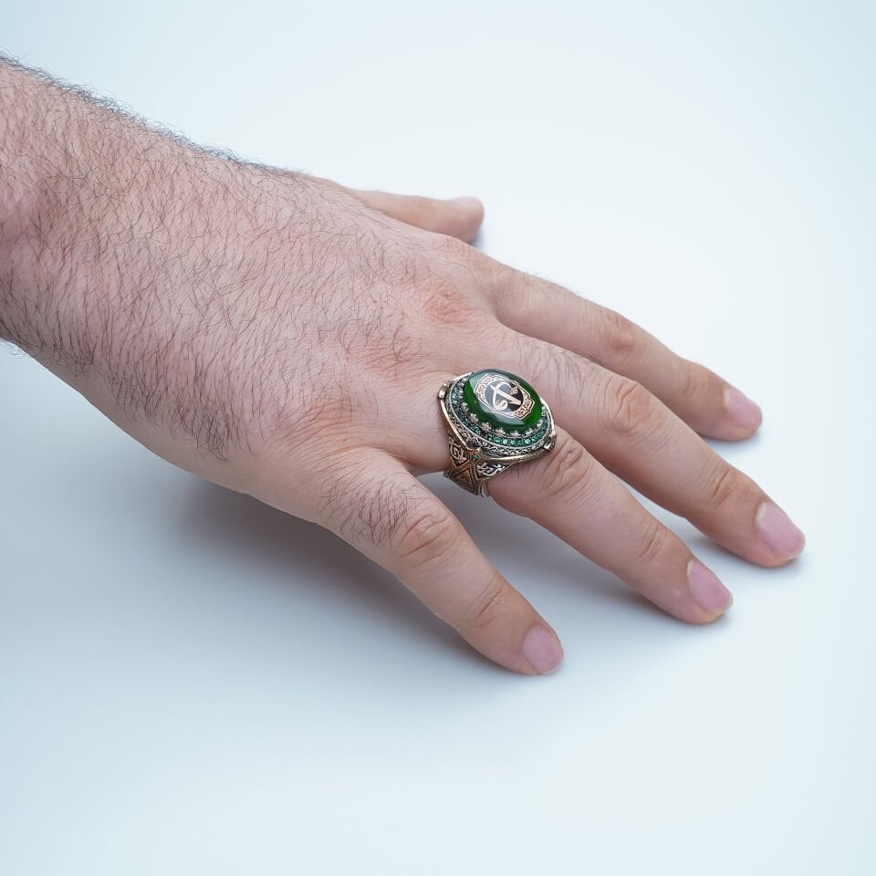 Özel Tasarım Yeşil Akik Taşlı 925 Ayar Gümüş Erkek Yüzük