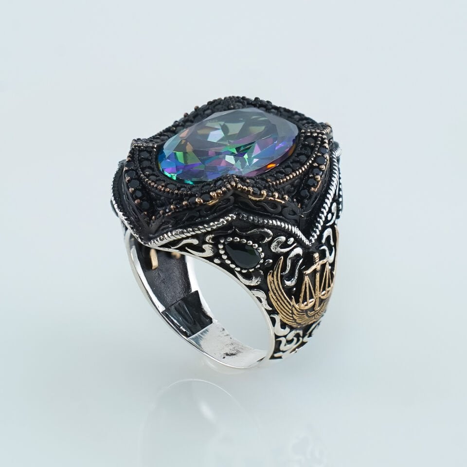 Mistik Topaz ve Adalet Terazisi Motifli 925 Ayar Gümüş Erkek Yüzük