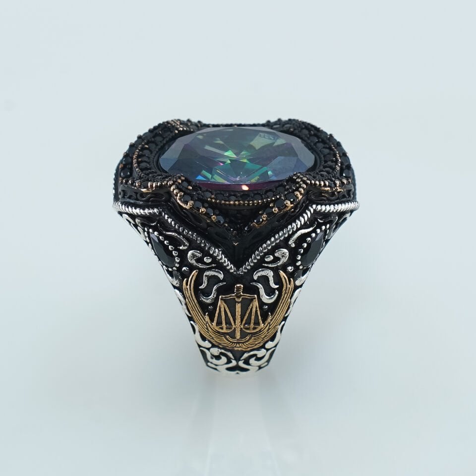 Mistik Topaz ve Adalet Terazisi Motifli 925 Ayar Gümüş Erkek Yüzük