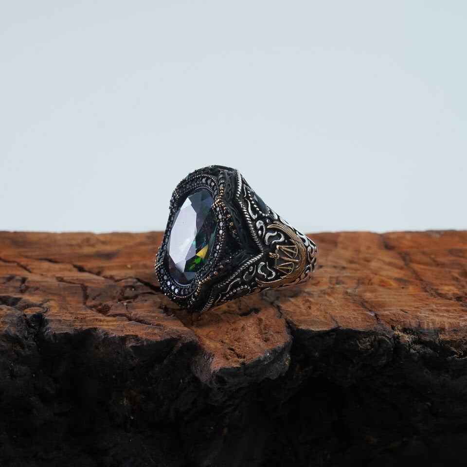 Mistik Topaz ve Adalet Terazisi Motifli 925 Ayar Gümüş Erkek Yüzük