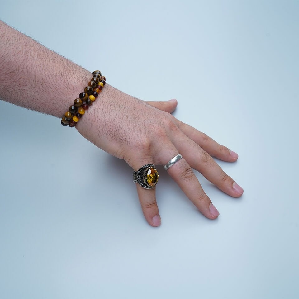 Parlak Sarı Sitrin Taşlı ve İşlemeli 925 Ayar Gümüş Erkek Yüzük