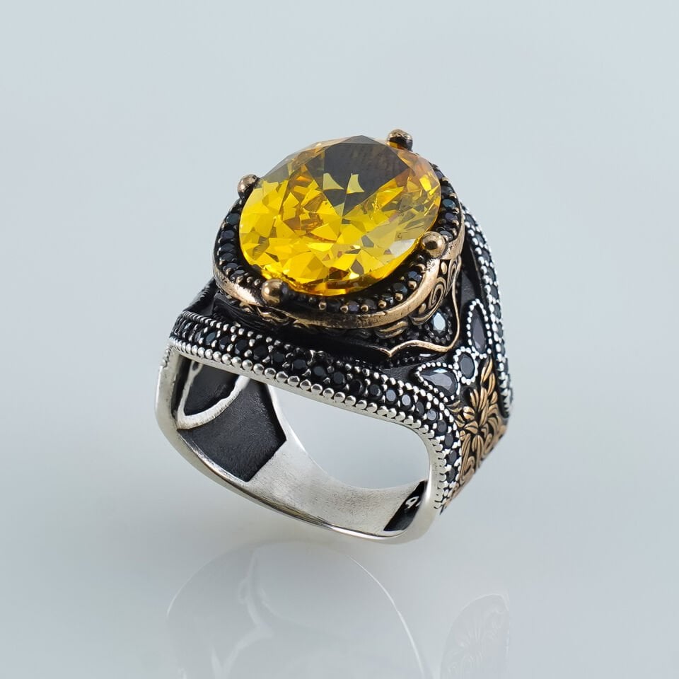 Parlak Sarı Sitrin Taşlı ve İşlemeli 925 Ayar Gümüş Erkek Yüzük