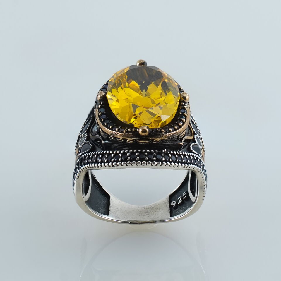 Parlak Sarı Sitrin Taşlı ve İşlemeli 925 Ayar Gümüş Erkek Yüzük