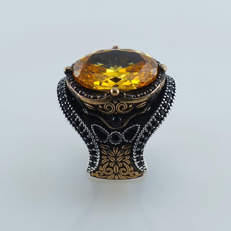 Parlak Sarı Sitrin Taşlı ve İşlemeli 925 Ayar Gümüş Erkek Yüzük