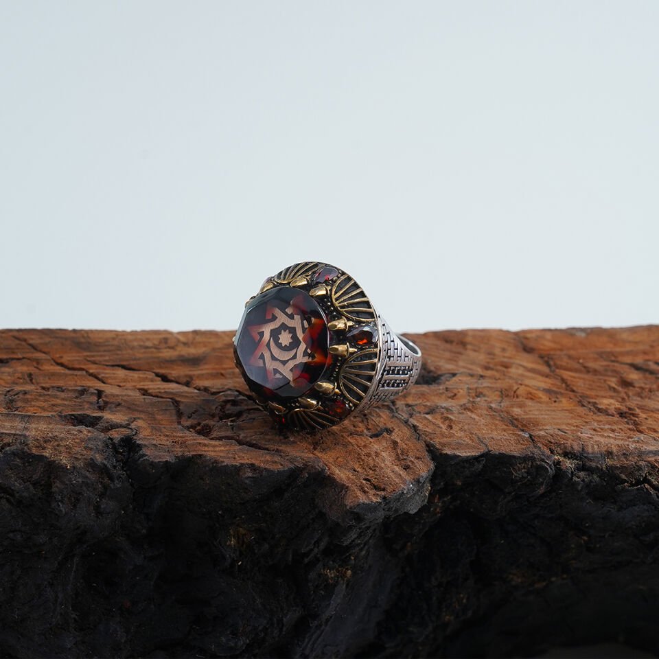 Kırmızı Akik ve Minare Motifli 925 Ayar Gümüş Erkek Yüzük