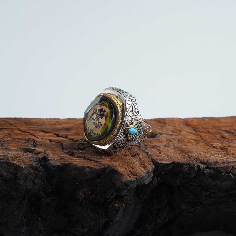 Selçuklu Kartalı Motifli Yeşil Akik ve Turkuaz Taşlı 925 Ayar Gümüş Erkek Yüzük