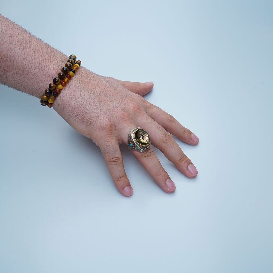 Selçuklu Kartalı Motifli Yeşil Akik ve Turkuaz Taşlı 925 Ayar Gümüş Erkek Yüzük