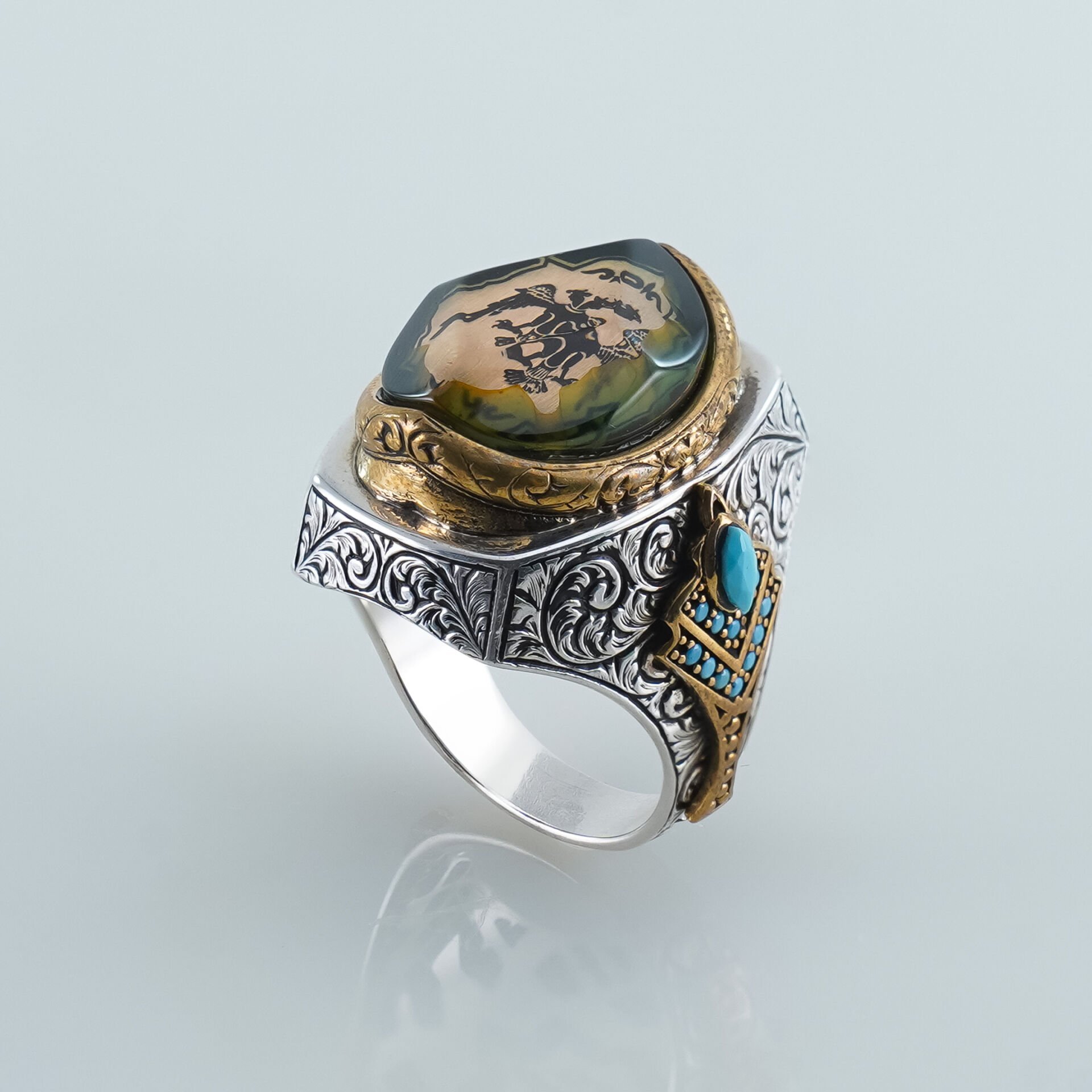 Selçuklu Kartalı Motifli Yeşil Akik ve Turkuaz Taşlı 925 Ayar Gümüş Erkek Yüzük