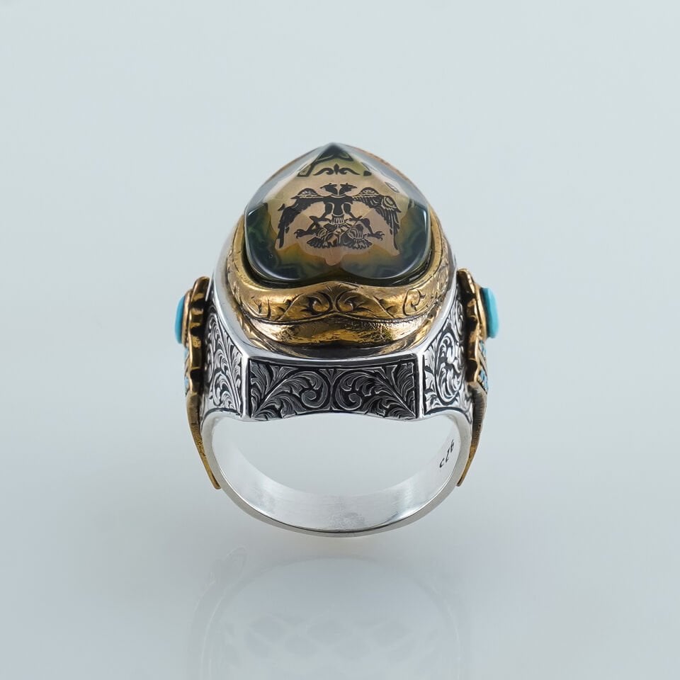 Selçuklu Kartalı Motifli Yeşil Akik ve Turkuaz Taşlı 925 Ayar Gümüş Erkek Yüzük