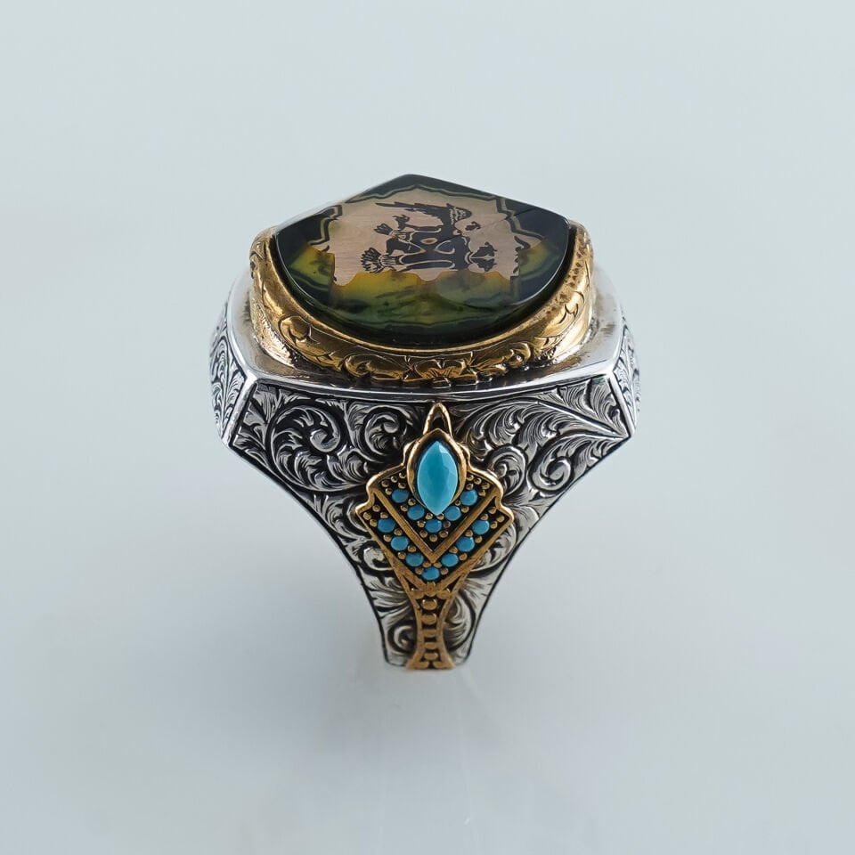 Selçuklu Kartalı Motifli Yeşil Akik ve Turkuaz Taşlı 925 Ayar Gümüş Erkek Yüzük