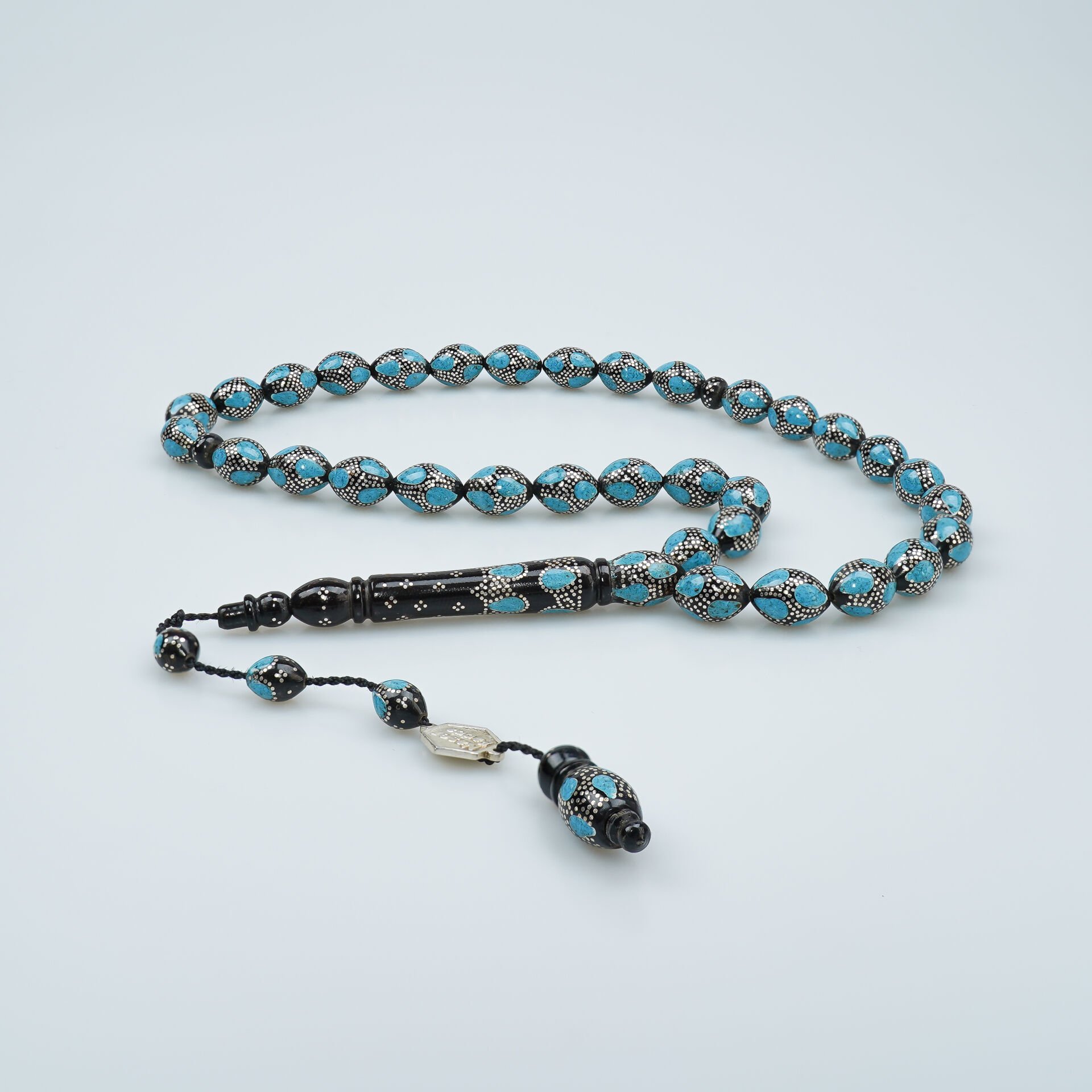 Firuze İşlemeli Kuka Tesbih Gümüş Çakım Detaylı