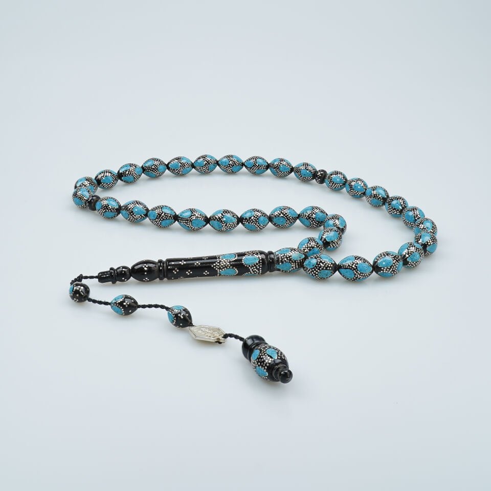 Firuze İşlemeli Kuka Tesbih Gümüş Çakım Detaylı