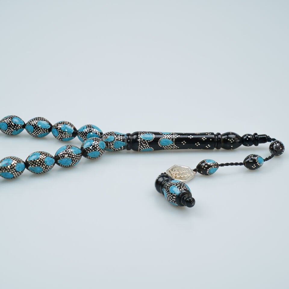 Firuze İşlemeli Oltu Tesbih Gümüş Çakım Detaylı