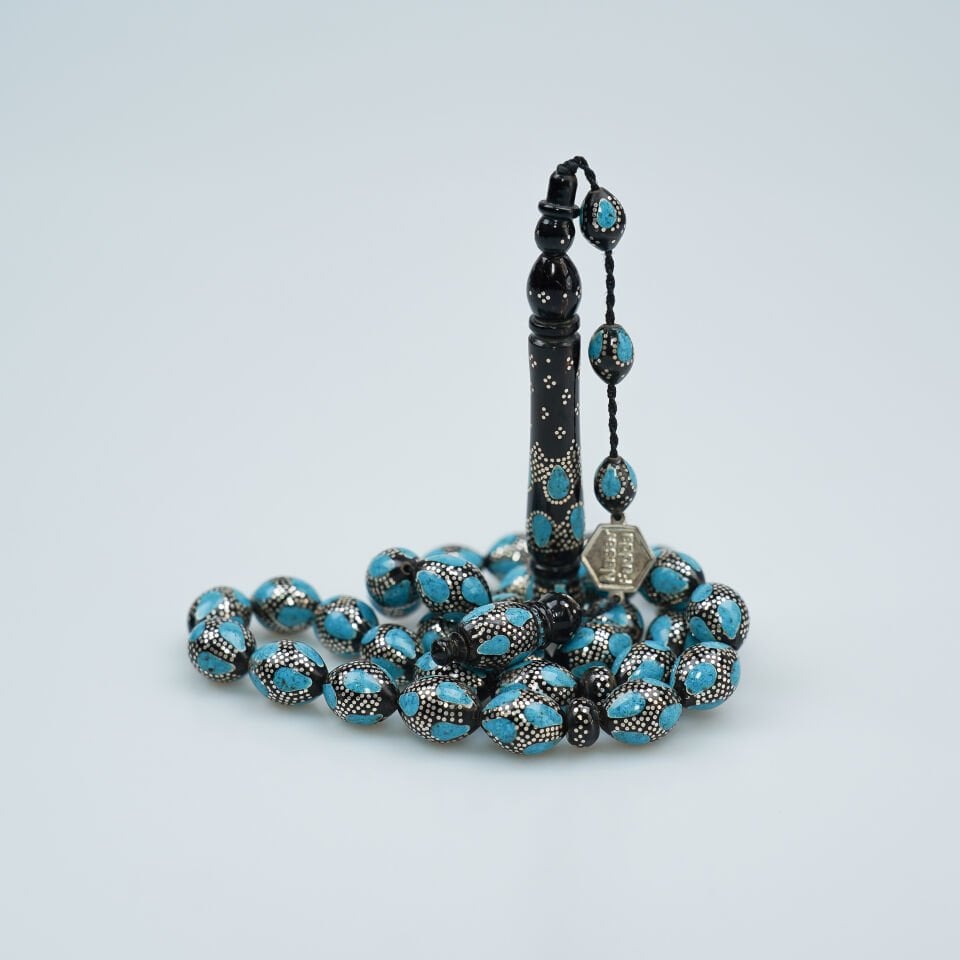 Firuze İşlemeli Oltu Tesbih Gümüş Çakım Detaylı