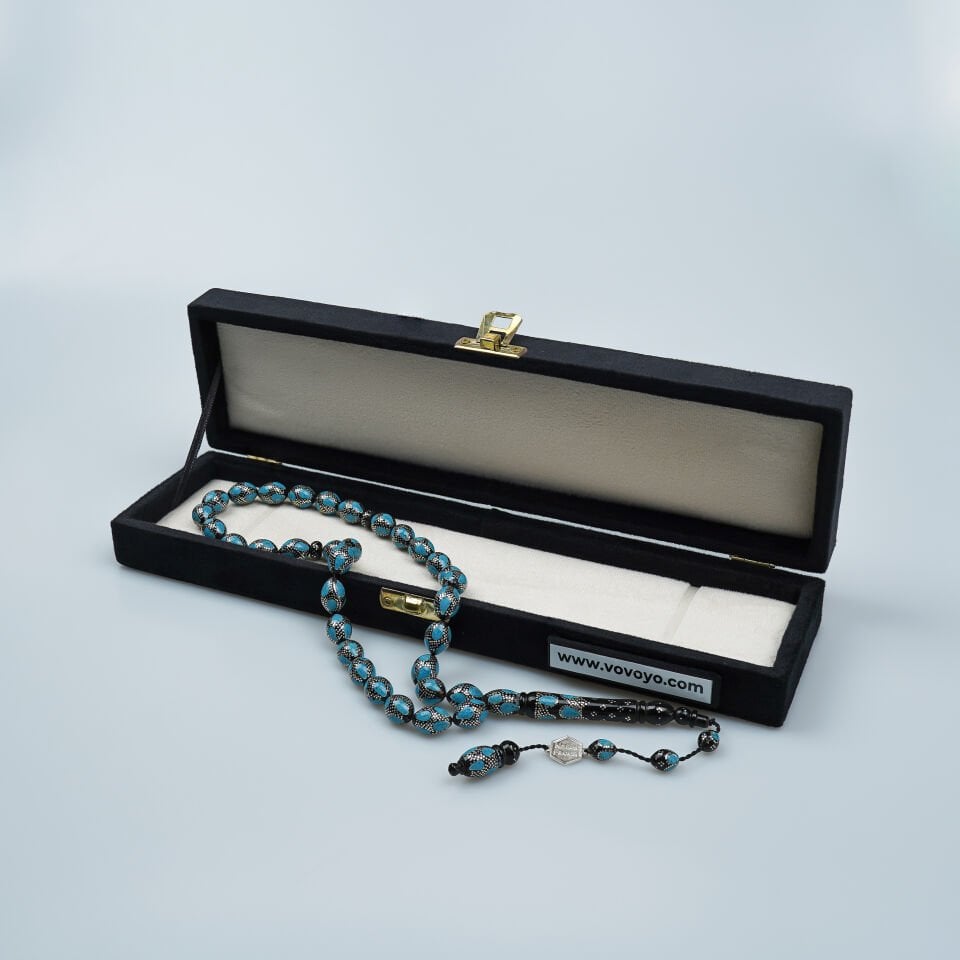 Firuze İşlemeli Kuka Tesbih Gümüş Çakım Detaylı